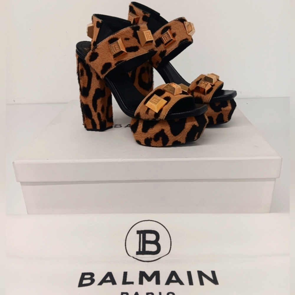 Balmain Women's Ava Leopard Studded Platform  Heeled Sandals